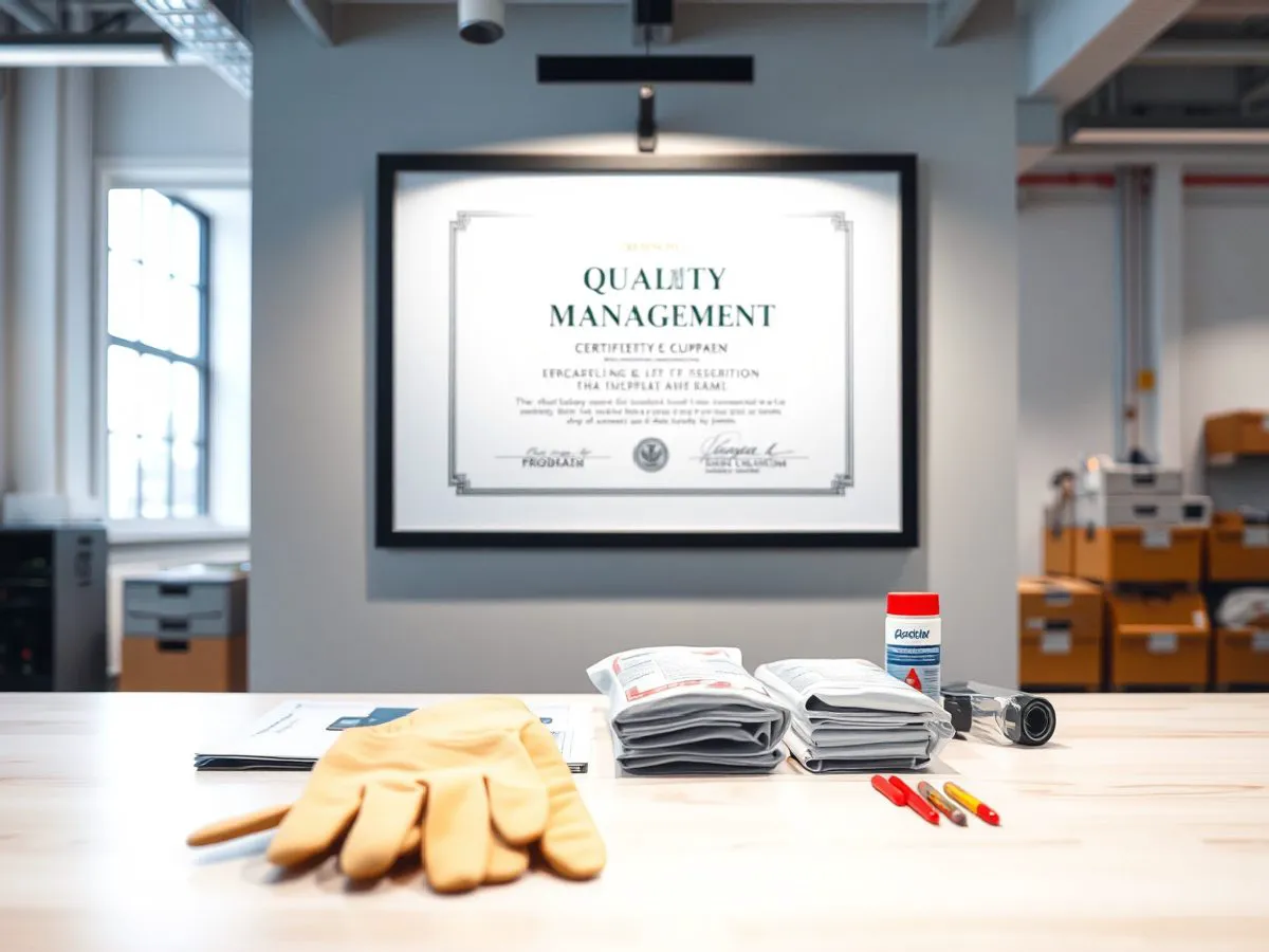 ISO 9001质量管理体系认证证书展示，背景为工业耗材和劳保用品